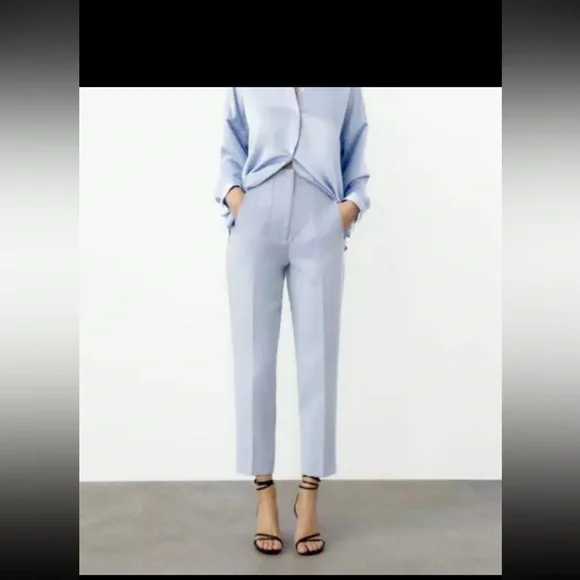 ZARA WOMAN HIGH-WAISTED PANTS LIGHT BLUE - Picture 3 of 15